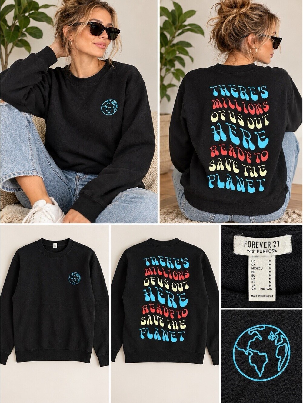 Forever 21 With Purpose Save The Planet Graphic Sweatshirt Black Women’s Medium